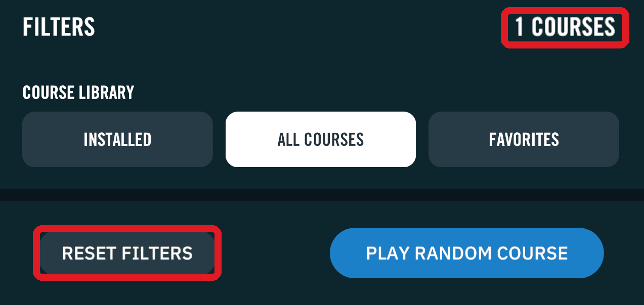 Filters panel with the 1 courses counter and the Reset Filters button outlined in red.