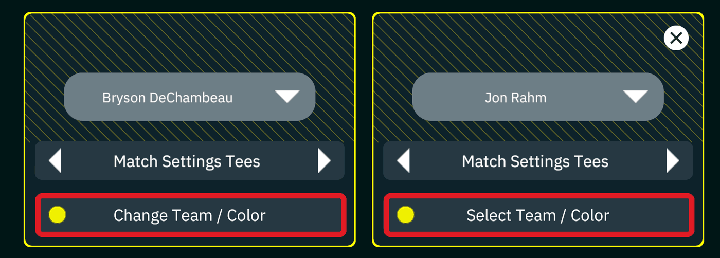 Two player cards with each Team / Color button outlined in red, both showing the same yellow team dot.