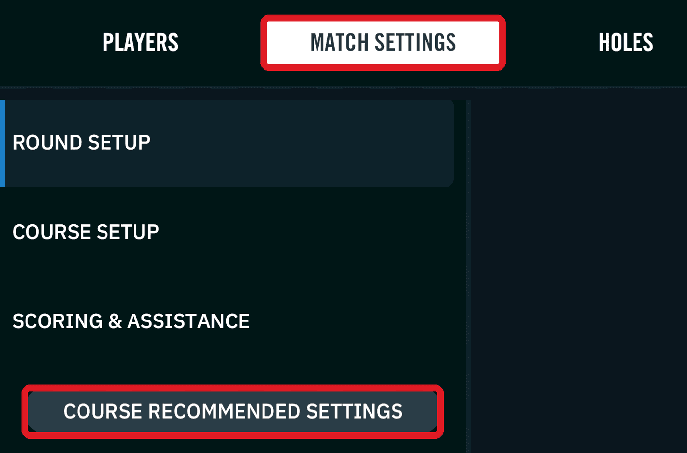 The Match Settings tab and the Course Recommended Settings button outlined in red.