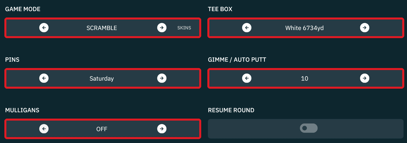 Round Setup with Game Mode, Tee Box, Pins, Gimme / Auto Putt, and Mulligans each outlined in red.
