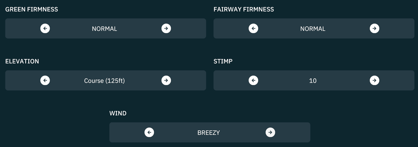 Course Setup screen with green firmness, fairway firmness, elevation, stimp, and wind.