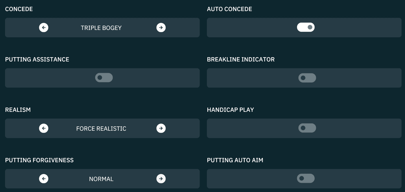 Scoring and Assistance screen at the league values: concede triple bogey, auto concede on, realism force realistic, putting forgiveness normal, and putting assistance, breakline indicator, handicap play, and putting auto aim off.