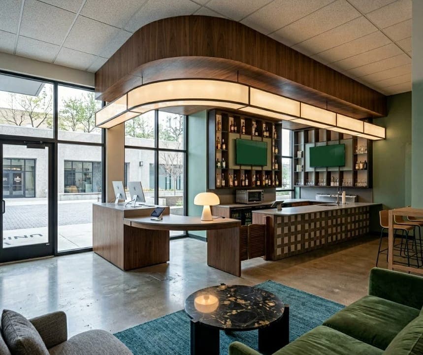 A rendering of the bar and lounge at Island Greens Station Yards, with sofa seating in front of a tiled bar counter.