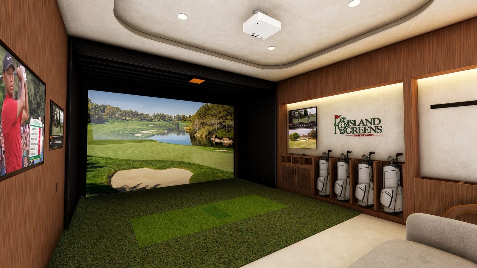 A rendering of a private simulator bay at Island Greens Station Yards, with a course projected across the screen.