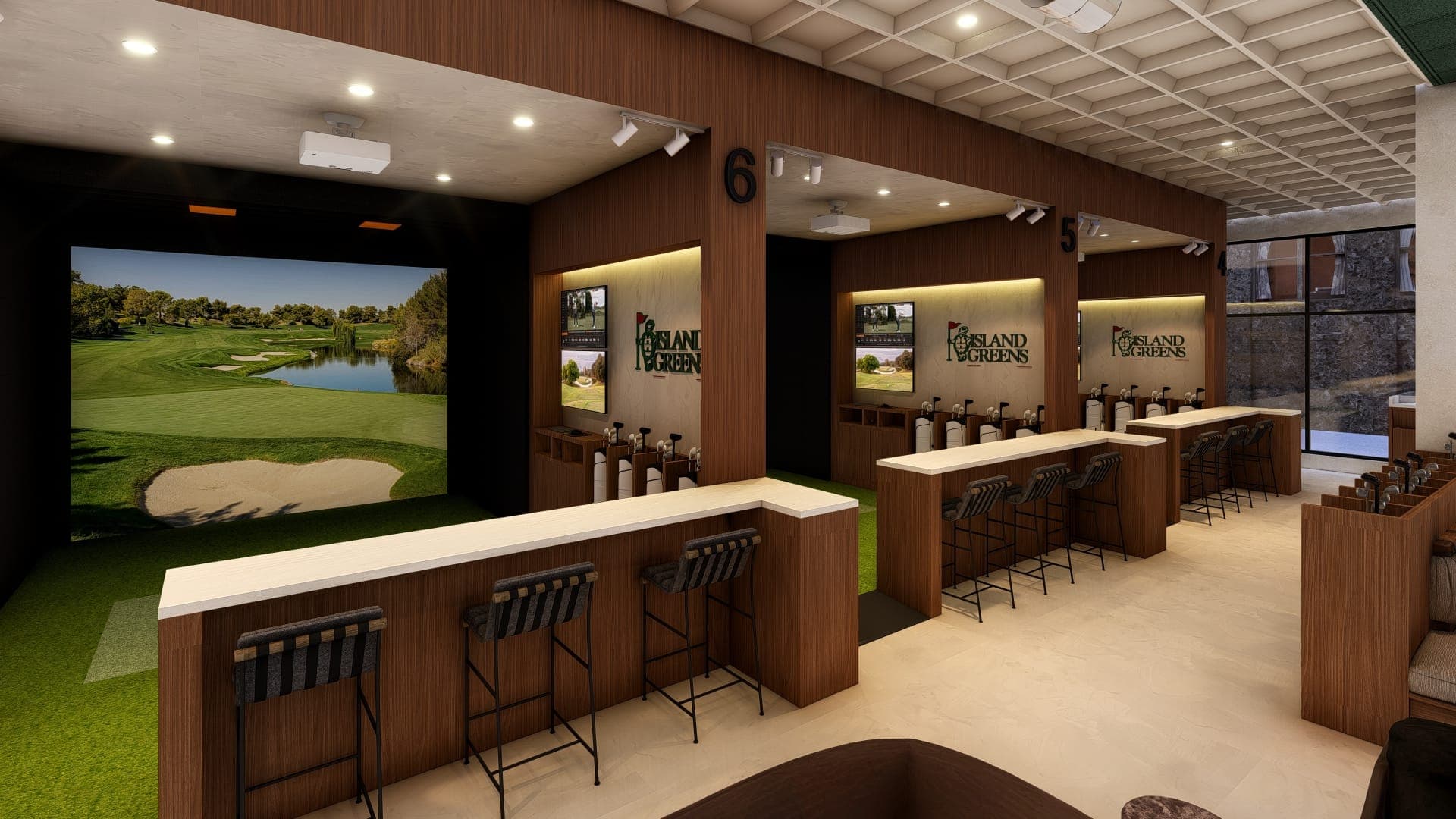 A rendering of the open simulator bays at Island Greens Station Yards, with counter seating beside each screen.